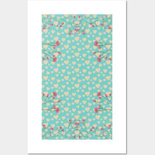 Flowers with heart pattern, Vintage, Retro pattern Posters and Art